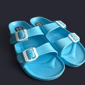 Olivia Miller Bright Light Blue Double Buckle Slide Sandals
